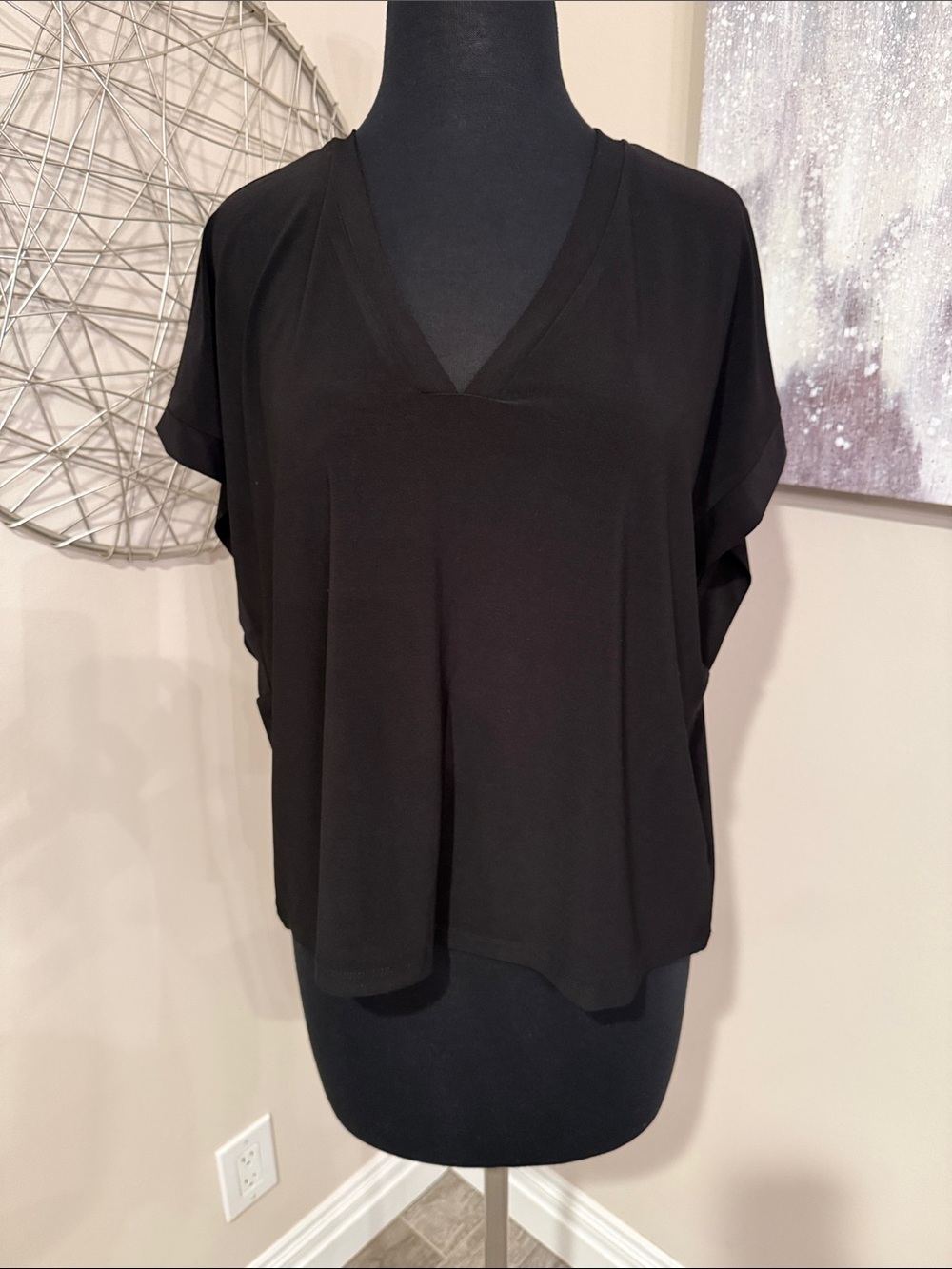 Classic Black V Neck Boxy Blouse Size Large